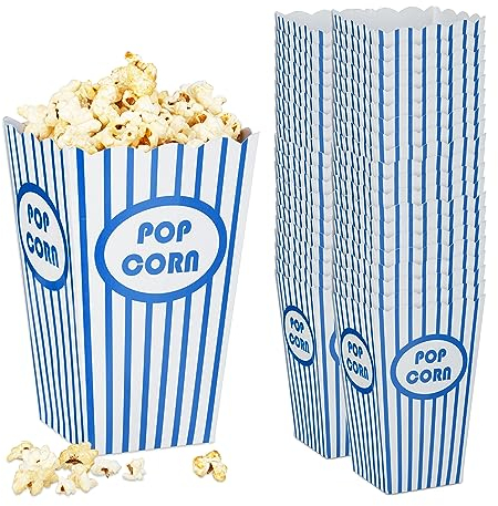 Relaxdays Sacchetti per Popcorn, Set da 48, a Righe, Feste Compleanno Tema Cinema, Box Contenitore Cartone, Blu Bianco