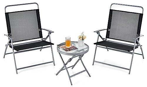GOPLUS Bistroset 3-teilig, Bistrotisch mit 2 klappbaren Stühle, Gartenmöbel Set aus Metall & gewelltes Glas, Moderne Sitzgruppe für Hof, Veranda & Terrassen
