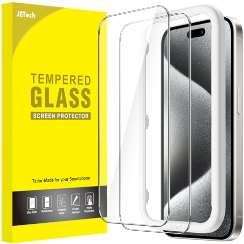 JETech Protector de Pantalla para iPhone 15 Pro 6,1 Pulgadas, Sin Burbujas, Cristal Vidrio Templado, con Marco de Instalación Fácil, Amigable para Funda, HD Transparente, 2 Unidades