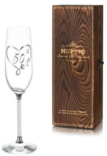 NUPTIO Sektgläser 50. Geburtstag Gläser: Geschenke mit Holzkiste Silber Birthday Gravur Geschenkideen für Frau Patentante Mutter Prosecco Sektflöten Geschenkbox 7.04oz