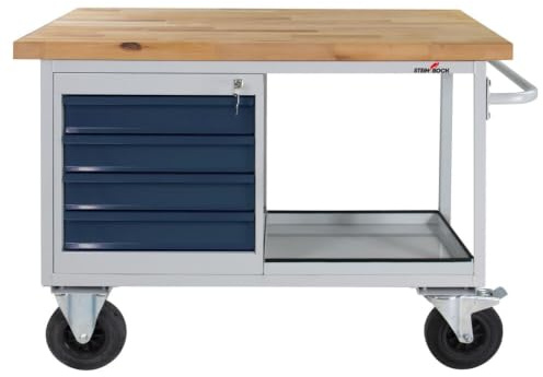 Steinbock Werkbank 4 Schubladen + Boden | 130x82,7x60 cm | 500 kg | Grau | 500 kg Tragkraft | 4 cm geölte Massivholz-Arbeitsplatte aus Buche | stabiles Stahlgestell | Werktisch | Made in EU