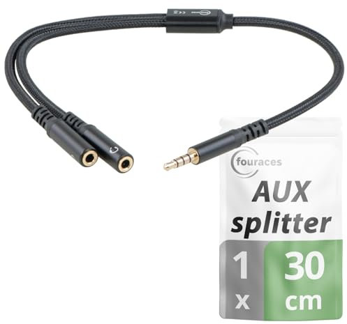 fouraces AUX y Splitter - 4 Polos, Cable Adaptador Corto - 30 cm - 3,5 mm - 2 Conexiones de Auriculares para PC, PS4, microfono - Jack duplicador, Headset