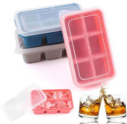 3pcs de Mini Bandeja para Cubitos de Hielo，Moldes de Silicona para Hielo，Silicona Moldes con Tapa，para Cócteles, Whisky, Vino, Frutas, Puré de Frutas-Grey Blue Red