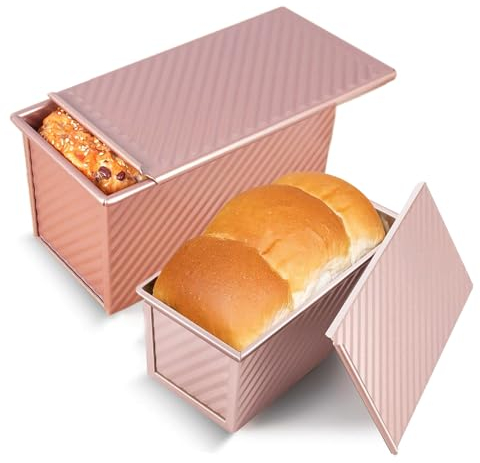 Cobenga Paquete de 2 moldes para pan con tapa, moldes para pan antiadherentes de 1 lb/0.5 lb, molde para tostadas de pan corrugado de acero al carbono con cubierta para hornear