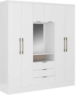Vente-unique - Armario 6 Puertas y 3 cajones - con Espejo - 180 cm de Ancho - Color: Blanco - ELORIO