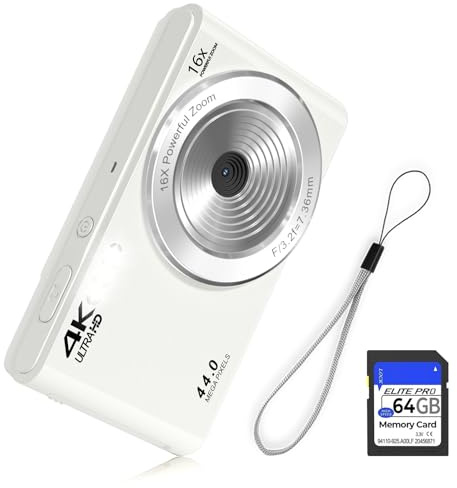 Appareil photo numérique FHD 4K 44MP avec carte SD de 64 Go, zoom numérique 16x, appareil photo numérique 2024, appareil photo numérique 1080p, simple, compact, portable, petit appareil photo vintage,