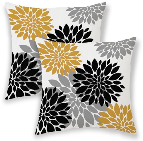 BETGINY Black Mustard Yellow Summer Outdoor Pillow Covers 18x18 Inch 2 Pcs, Geometric Elegant Dahlia Floral Decorative Throw Pillows, Grey Flower Decor Pillowcase Linen Cushion Cover for Car Couch