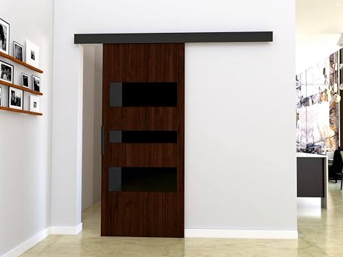 MINIO go for it - Schiebetüren 106 cm, Schiebetür Zimmertür PRIM C, Schiebetürsystem für Zimmer, Dekorative Elemente, Wandmontage, Türe Innen - Schwarz/Schwarzer Griff, Wenge/Schwarz