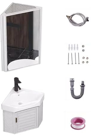 Mobile Bagno con Specchio e Lavabo, Mobile Angolare Bagno, Ampio Spazio di Archiviazione Lavabo in Ceramica Integrato Alluminio Spaziale, per Bagno(White,37CM)