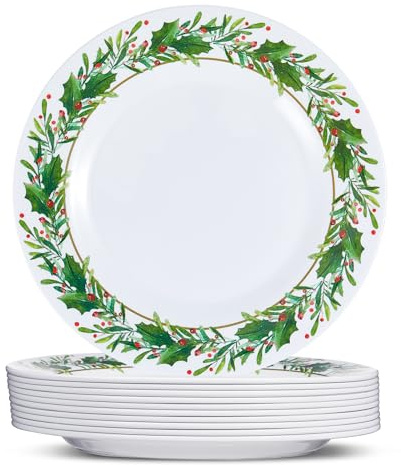 Layhit Weihnachtliche Speiseteller aus Melamin, Stechpalmen-Teller, Weihnachtsgeschirr, Feiertagsparty, Speiseteller für Zuhause, Picknick, Küche, Weihnachten, Party, Event, Picknickzubehör, 20,3 cm,