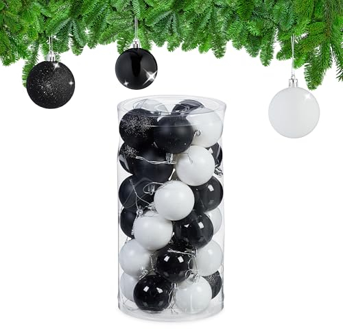 Relaxdays 50 Boules de Noël, en Plastique Robuste, pour décorer Le Sapin, diamètre de Chaque : 6 cm, Noires et Blanches