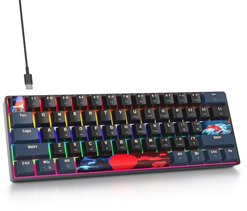 SbocKeeb 60% Clavier Gaming pour PC, Mini Clavier Gamer 60 Pourcent Mecanique, Filaire Clavier Gamer 60% USB American QWERTY Ultra-Compact à 61 Touches pour Gamer Win/Mac