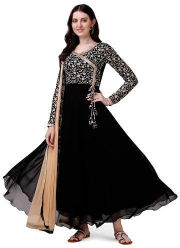 Estationeryhouse Georgette Anarkali Kurta Kurti med tungt broderi med kontrast Dupatta (byxor ingår inte), Svart, XL