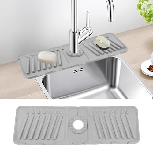 Silicone Sink Faucet Mat for Kitchen, Sink Splash Guard Drying Tap Mat Draining Pad, Faucet Handle Drip Catcher Tray for Kitchen Bathroom Counter (Grey)