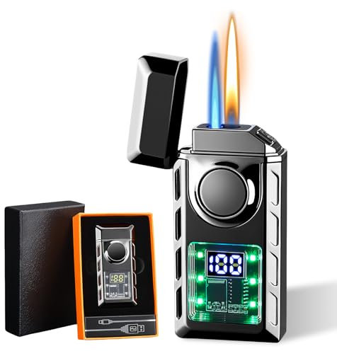Accendino a due fiamme in metallo, accendino tempesta con schermo digitale, fiamma intelligente, gas butano ricaricabile per uomini e donne (nero)