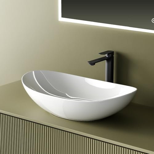 EMKE Lavabo à Poser 615 x 360 x 155 mm, Lavabo Ovale en Céramique pour Salle de Bain, Installation sur Comptoir,Blanc brillant，Vasque à Main, Lavabo pour Salle de Bain et WC Invités