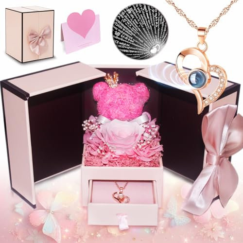 Patelern Ewige Rose Geschenk Frauen, Eternal Rose Bärenblume mit 100 Sprachen Herz Halskette, Geschenk für Freundin Mama Frauen Geburtstagsgeschenk Valentinstag Muttertag