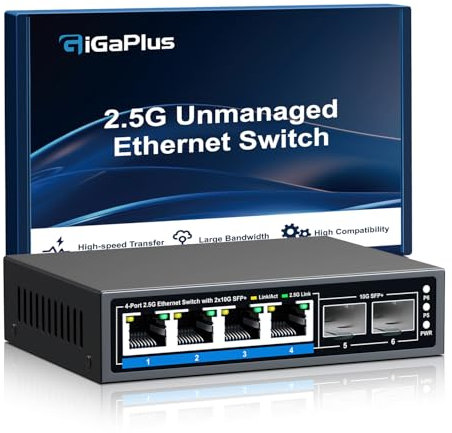 Switch Ethernet Non géré à 6 Ports de 2.5Go avec 4 Ports Base-T 2.5G, 2 Ports SFP+ 10G. Switch réseau GiGaPlus 2.5 Gbit/s pour NAS/PC 2.5Gbit/s, routeur WiFi6, Point d'accès sans Fil, Plug and Play