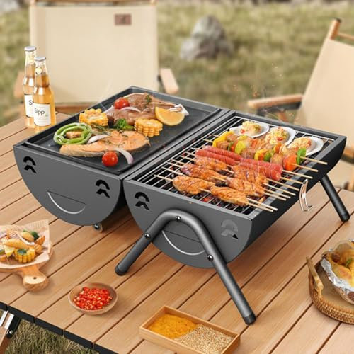Set Barbecue Pieghevole - Strutturalmente Stabile/Maniglia Portatile, Doppia Faccia + Rete Per Padella Barbecue, Griglia Da Tavolo Con Camino Per Cucinare In Giardino