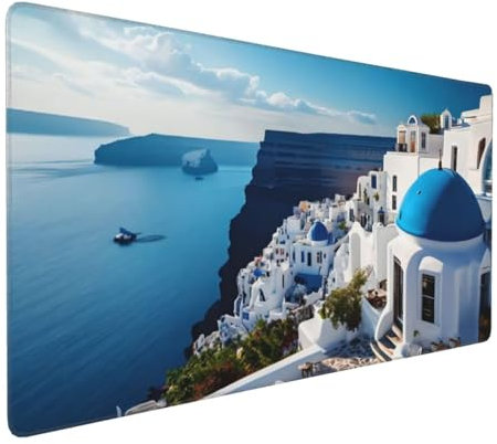 Tapis de Souris 80x40 cm Grand Tapis Souris XXL, L 'île Santorin Tapis de Souris Bureau Gamer, à Bords Cousus, Base en Caoutchouc Antidérapante, sous Main pour Clavier et Souris, Decor Maison E-899