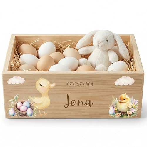 Kidsmood - Personalisierte Holzkiste mit Namen – Aufbewahrungskorb zu Ostern für Kinder, nachhaltig & kindersicher für Osterdeko & Ostergeschenke mit süßen Nestträumer & Frühlingsküken (40x30x13)
