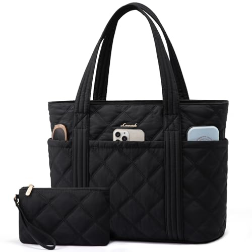 LOVEVOOK Shopper Tasche Handtasche Damen Groß, Leicht Puffer Tote Bag Arbeitstasche Laptoptasche 17,3 Zoll, Schultertasche Lehrertasche Handbags Women für Uni Büro Arbeit Reisen, Schwarz