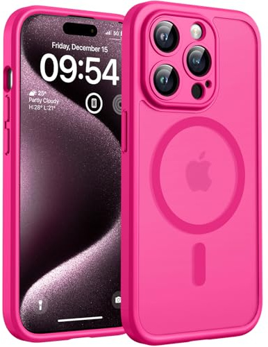 TOCOL für iPhone 15 Pro Hülle für Magsafe, Vollständiger Kameraschutz Stoßfest Kratzfest Transluzente Rückseite Magnetisch Handyhülle für iPhone 15 Pro Case, Heißes Rosa