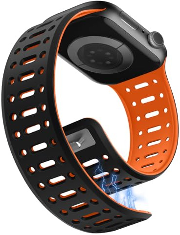 Sixmoat Magnetiskt Armband kompatibelt med Apple Watch Armband 49mm/Ultra 46mm 45mm 44mm 42mm för Män Kvinnor, Ventilerande Silikonsportarmband för iWatch Serie 10 9 8 7 6 5 4 3 SE, Svart-orange