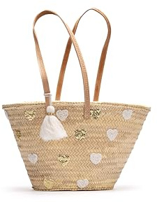 ZocoChic Capazo de playa paja, Bolso de mujer de palma con Corazones, doble Asas de Cuero, Pompón Decorativo, Aprox.: 45x28x18 cm, Natural