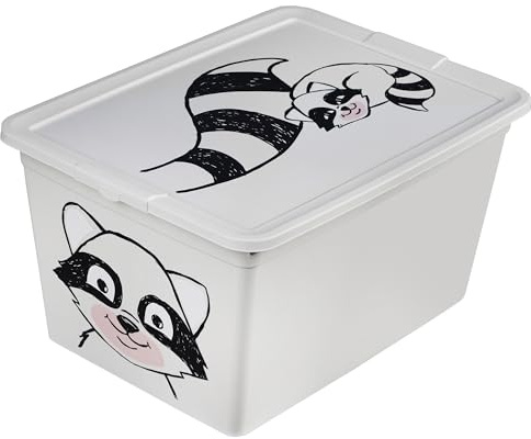 EDANTI Aufbewahrungsbox Kinder Plastikbox Mit Deckel Spielzeugkiste Für Kinderzimmer Design Mit Waschbär Kunststoff Hellgrau (30L)