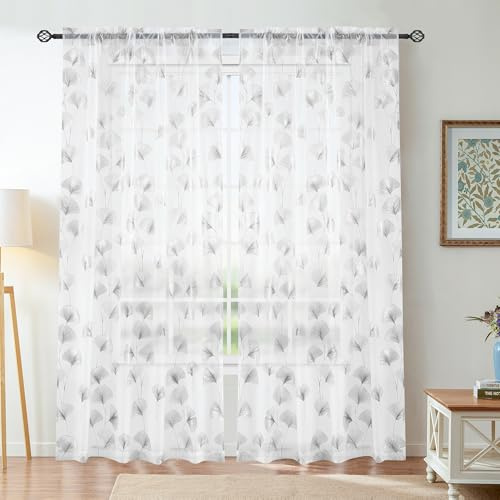 Youleyar Silber Folie Druck Sheer Vorhänge, 2 Panels Ginkgo Bronze Behandlung Sheer Vorhang, Rod Taschenfenster Behandlung Panels für Schlafzimmer Wohnzimmer, W140 cm x H175 cm