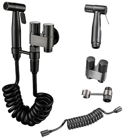 Douchette à main pour toilettes, bidet en acier inoxydable avec valve de commande double 1 en 2 sorties, distributeur de robinet, crochet de tuyau à ressort, embout de bidet de salle de bain pour le