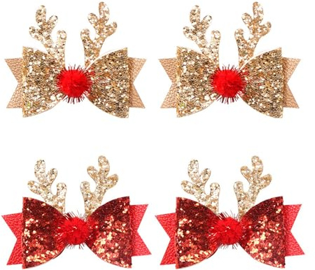 4Pcs Christmas Hair Bow Clips Barrettes,Christmas Hair Accessories,Glitter Xmas Reindeer Antlers Headdress,Cute Bow Ties Antlers Ears Hair Pins,Christmas Party & Festival Hair Decor for Girls Women