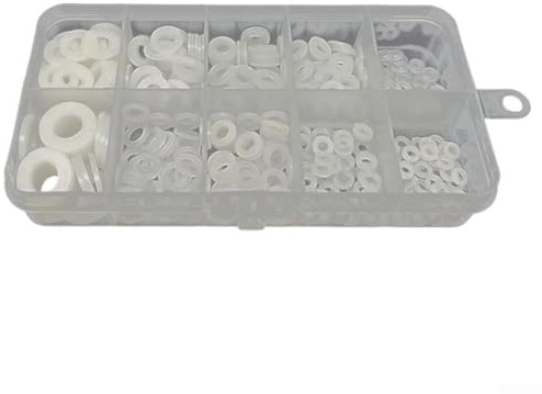 Zilimontt Juego surtido de 500 arandelas planas de nailon, arandelas de plástico color blanco, tamaños M2-M8 con caja de almacenamiento para conexiones eléctricas, automotriz, marina y doméstica