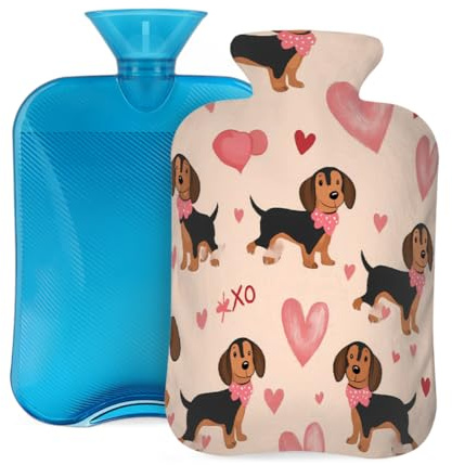 Mexpekil Wärmflasche mit Bezug, Dackel-Hund, Herzform, 2 l, PVC-Wärmbeutel zur Schmerzlinderung, Füße, Rücken, Wärme