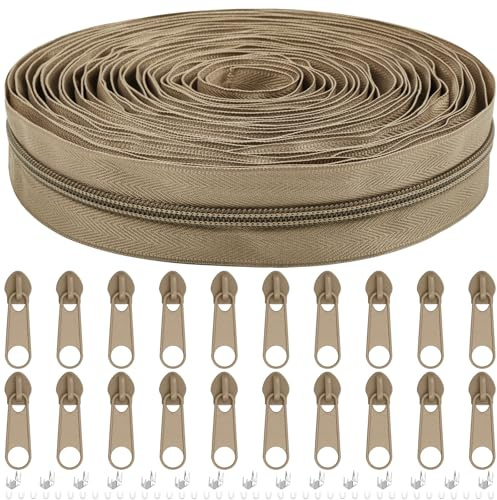 Endlos Reissverschluss mit Zipper, 5mm 9m Nylon Endlosreißverschluss Meterware und 20 Zipper aus Metall für Kleidung Tasche Mäppchen Bettwäsche(Hellbraun, #5)