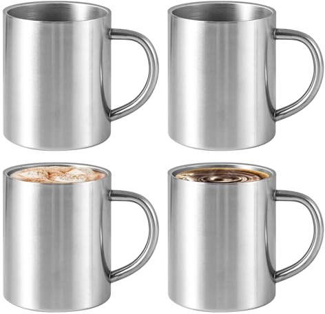 4 Stück Edelstahl Thermo Tasse, 300ml Edelstahl Kaffeebecher, edelstahlbecher Mit Henkel, Doppelwandige Isolierbecher edelstahll Tasse Camping Ohne Deckel für Camping Outdoor Wandern Heim