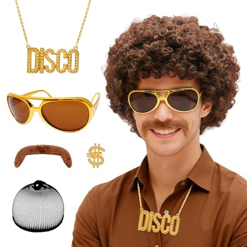 JJKOL 6er Afro Perücke Herren Set, 70er 80er Jahre Outfit Herren, 80er 70er Jahre Outfit Kostüm Herren, mit Sonnenbrille, falscher Bart, Ring, Perücke, Halskette,für Karneval Kostüm Rocker,Dunkelbraun