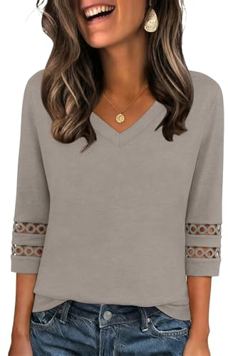 Zeagoo Top con Maniche 3/4 Donna Scollo a V Camicia Elegante Ampia Tunica Tinta Unita Morbido T-Shirt Ricamato Blusa Marrone Chiaro M