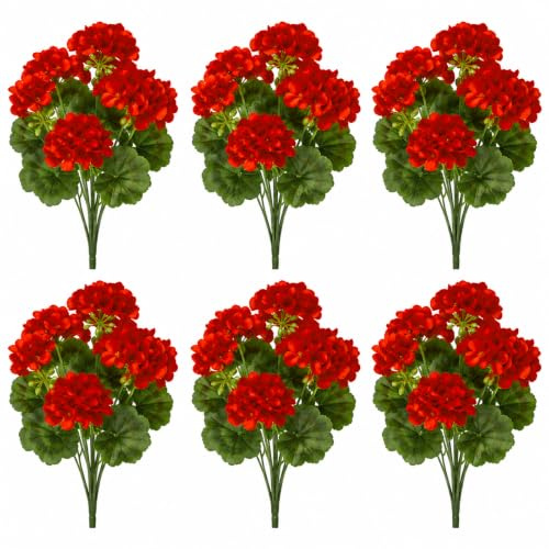 JIYANMEI 6 Pack Artificial Red Geranium Flowers, UV Resistant Silk Fake Plants for Outdoor Garden Kitchen Christmas Decor
