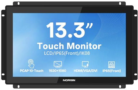 NORQIN 13,3 Monitor Touch Screen Industriale Incorporato IP65-1920×1080 Cornice Aperta,Touch Capacitivo a 10 Puntate,Display LCD,VESA,Porte HDMI/VGA/DVI/USB,per Automazione,Chiosco,CNC e HMI