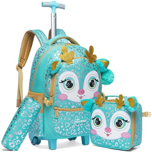Egchescebo Kinder Rucksack mit Rollen für Mädchen die Schule Tier Koffer Schultrolley Komplett mit Lunchbag und Federmäppchen-Set Geeignet Grundschüler Jugendliche 5-12 Jahre Alt Grün