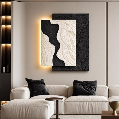 Texturerad LED Väggkonst, 3D Sandsten Abstrakt Väggdekor | Präglad Sandstensväggskulptur, Dimbara LED Fjärrkontroll Vardagsrum Sovrum Entré Matsal(Black,80x61cm/31.5x24in)