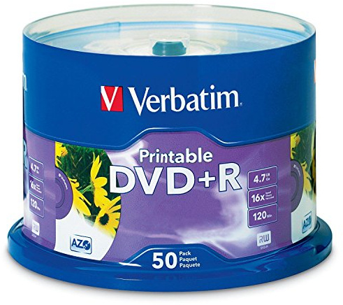 Verbatim DVD+R 4.7GB 16X White Inkjet Printable with Branded Hub - 50pk Spindle
