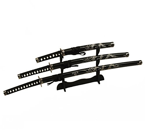 DerShogun Samuraischwert Set mit eingeschnitztem Drache Katana Wakizashi Tanto mit Schwertständer