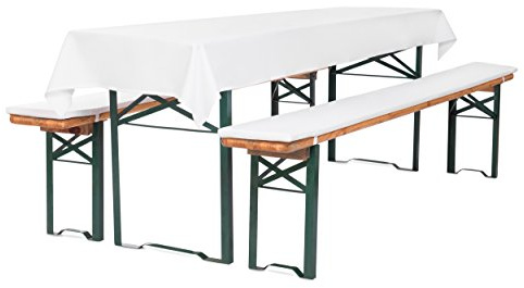 TexDeko® Bierbankauflage gepolstert Auflagenset 220x25x2cm waschbar mit Reißverschluss hochwertige Polsterung 3TLG Set blickdichte Tischdecke 250x100cm (Weiß)