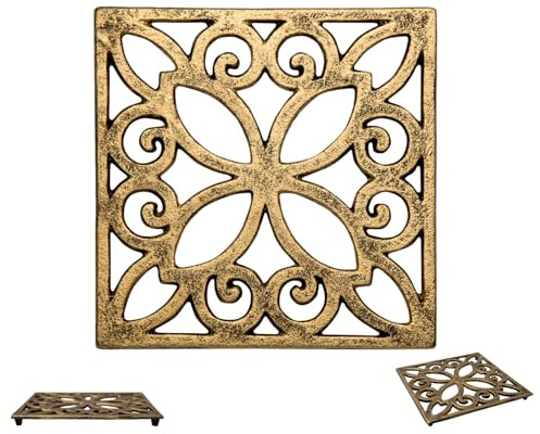 Dekorativer Gusseiserner Topfuntersetzer für Küche oder Esstisch - Quadratisch mit Vintage-Muster - 16,51 x 16,51cm - Mit Gummi-Füßen - Recyceltes Metall - Vintage, Rustikales Design - von Comfify | Gold mit Schwarz; recyceltes Gusseisen; 16,5 x 16,5 x 1,5 cm dick; 4 Gummifüße + Ersatzset; quadratisches Vintage-Muster