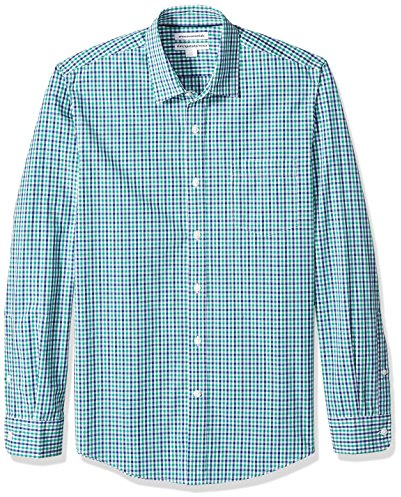 Amazon Essentials mäns Slim-Fit långärmad poplin-skjorta, blå grön gingham, Large