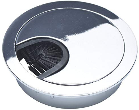 Polished Chrome Metal Cable Grommet - 2 PieceLock in Feature withBrush Opening for Management of Office & Computer Desk Wires - 60mm (2 3/8) Hole Opening - 5 Pack