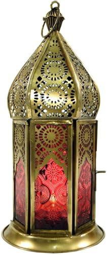 GURU SHOP Orientalische Metall/Glas Laterne in Marrokanischem Design, Windlicht, rot